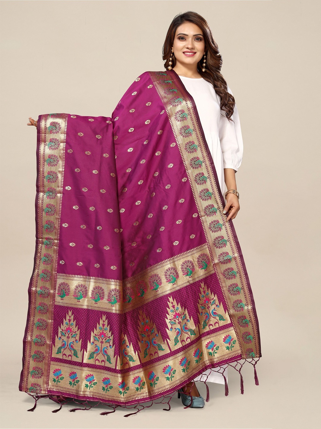 

KALINI Ethnic Motifs Woven Design Banarasi Dupatta With Zari, Purple