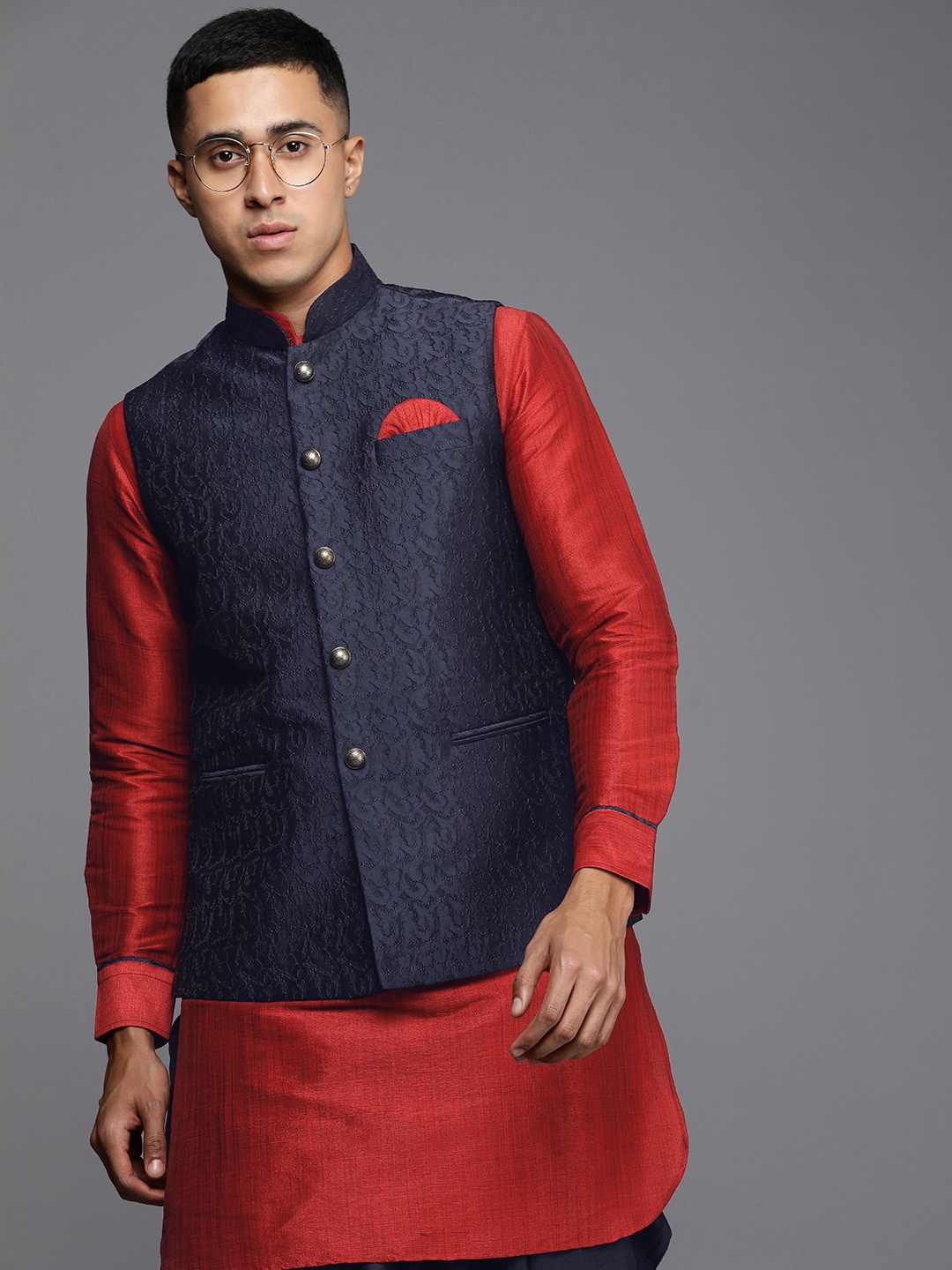 

Manu Self Design Regular Kurta with Dhoti Pants & Nehru Jacket, Navy blue