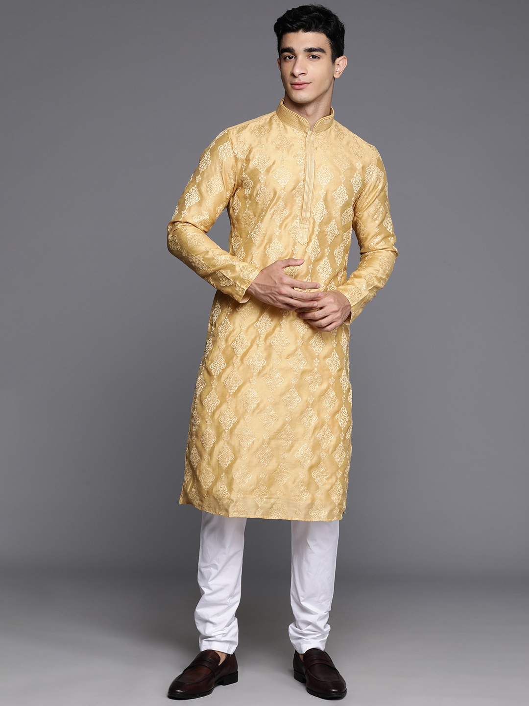 

Manu Men Art Silk Woven Design Regular Kurta with Churidar, Yellow
