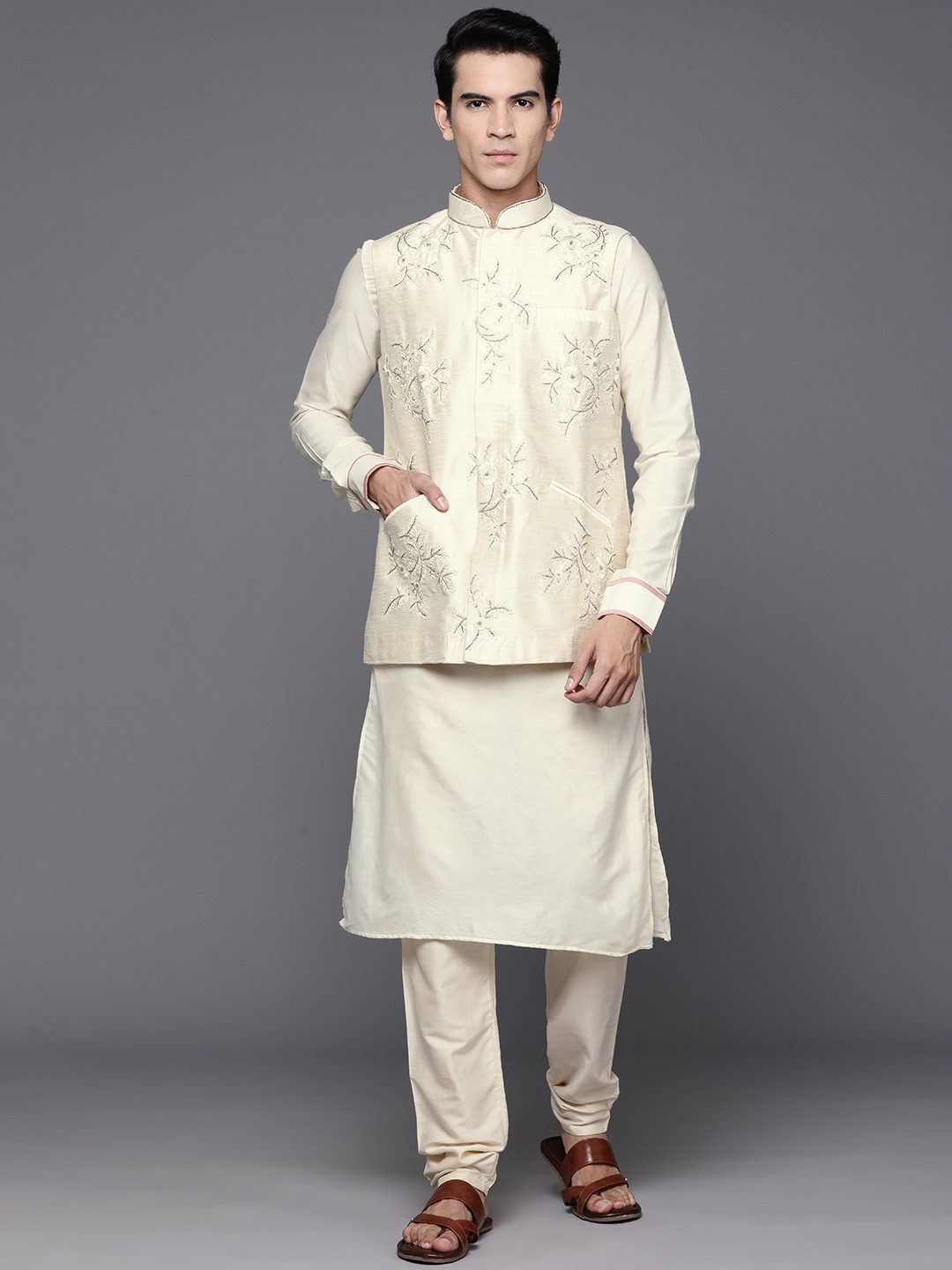 

Manu Men Art Silk Solid Kurta with Churidar &, Cream