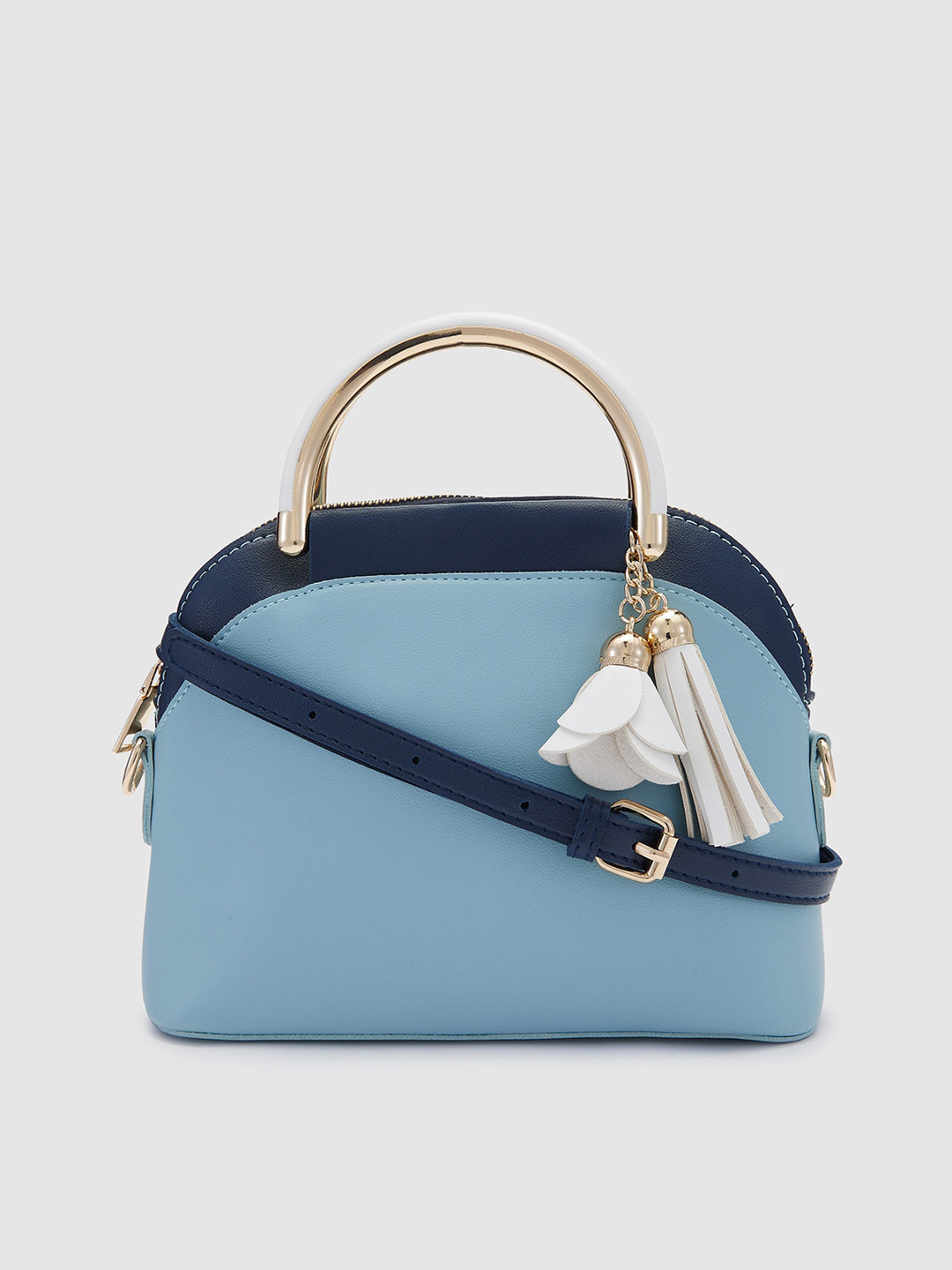 

Globus Blue & Navy Blue Textured Structured Handheld Bag With Tasselled