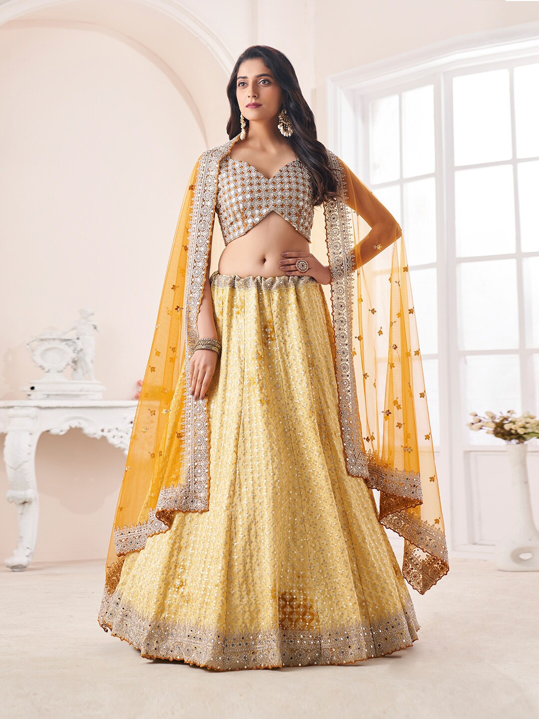 

Fusionic Embroidered Sequinned Semi-Stitched Lehenga & Unstitched Blouse With Dupatta, Yellow