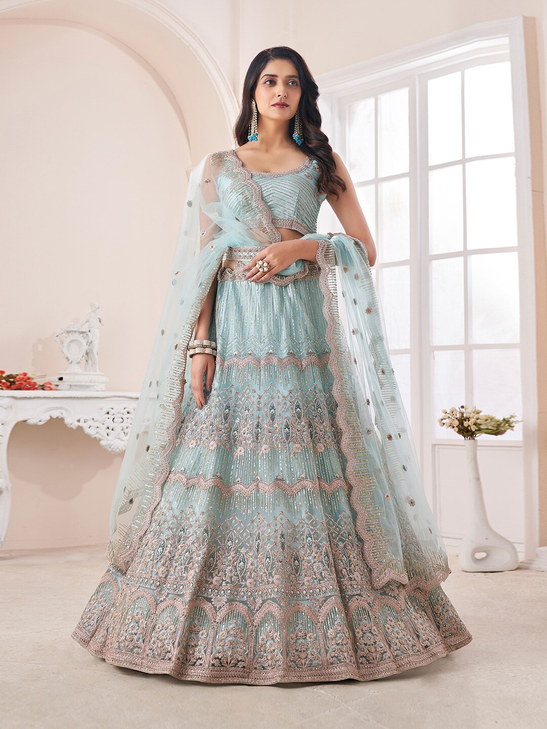 

Fusionic Embroidered Semi-Stitched Lehenga & Unstitched Blouse With Dupatta, Turquoise blue