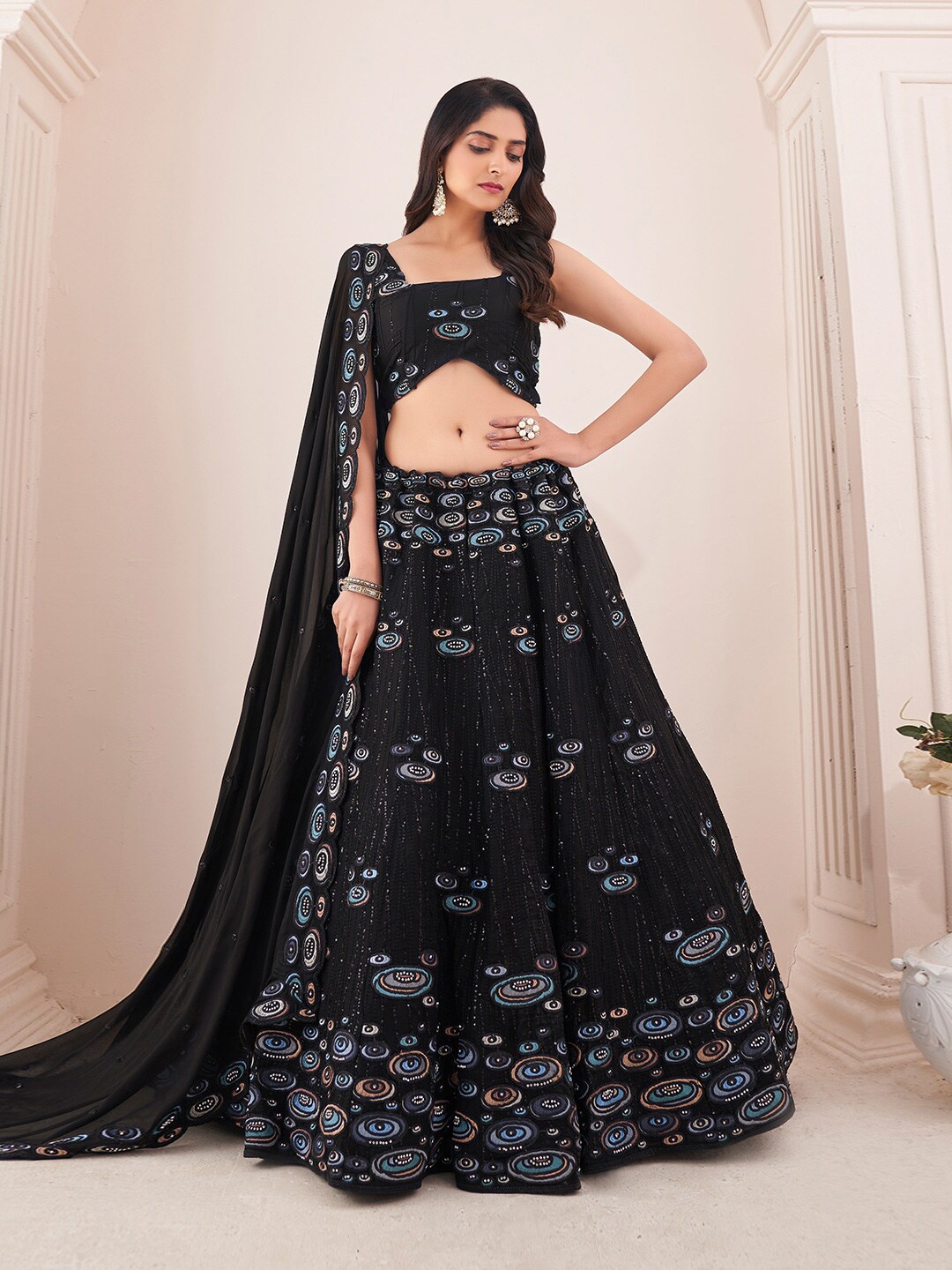 

Fusionic Sequinned Embroidered Semi-Stitched Lehenga & Unstitched Blouse With Dupatta, Black