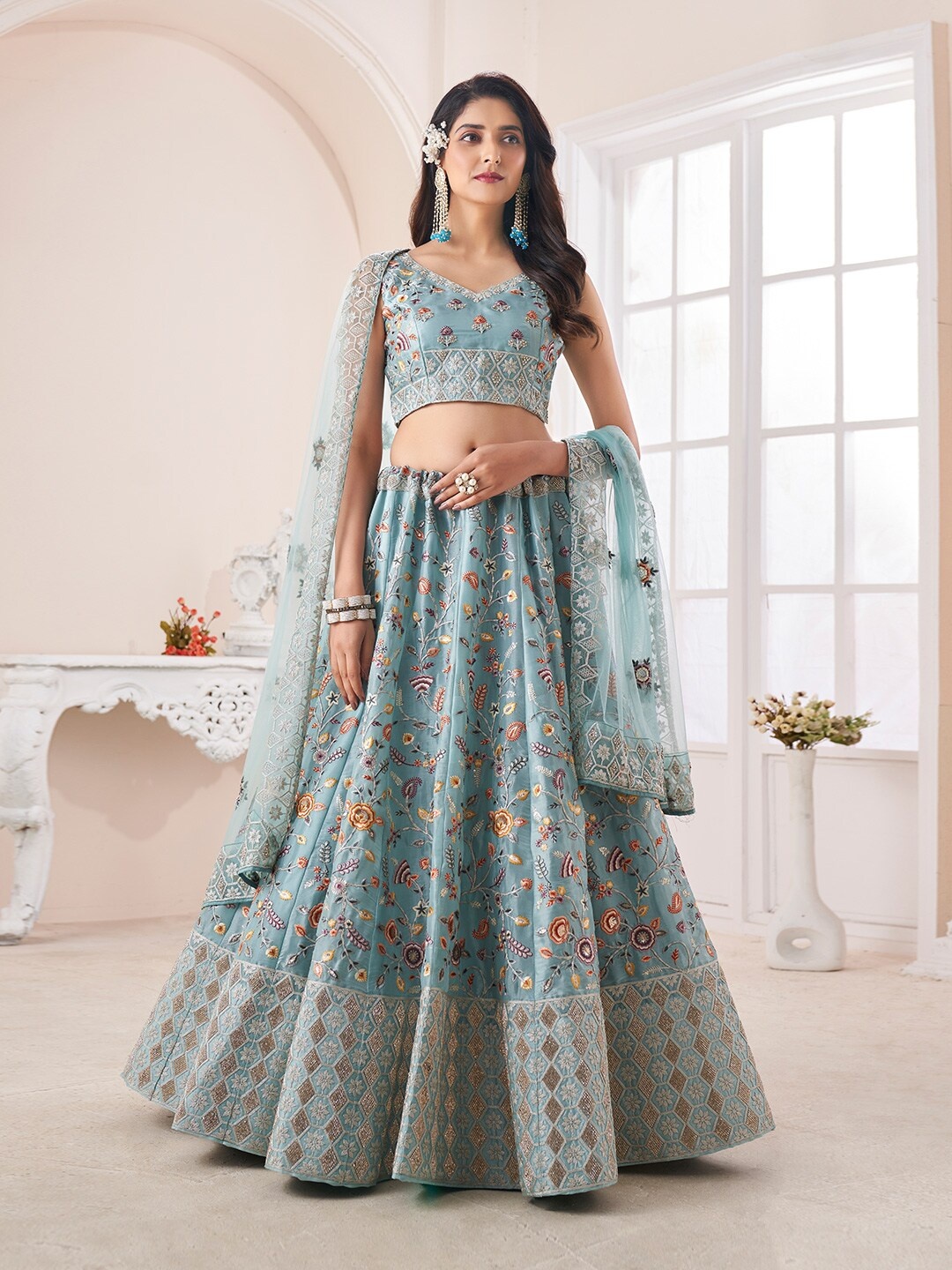 

Fusionic Embroidered Thread Work Semi-Stitched Lehenga & Unstitched Blouse With Dupatta, Turquoise blue
