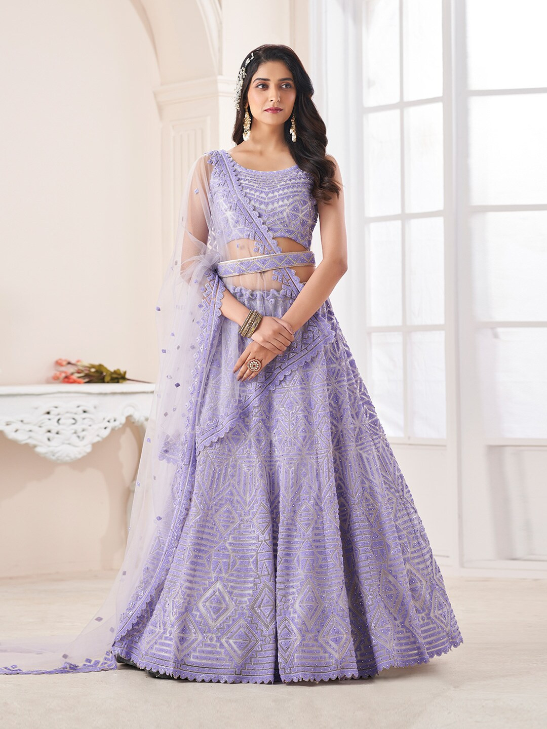 

Fusionic Sequinned Embroidered Semi-Stitched Lehenga & Unstitched Blouse With Dupatta, Lavender
