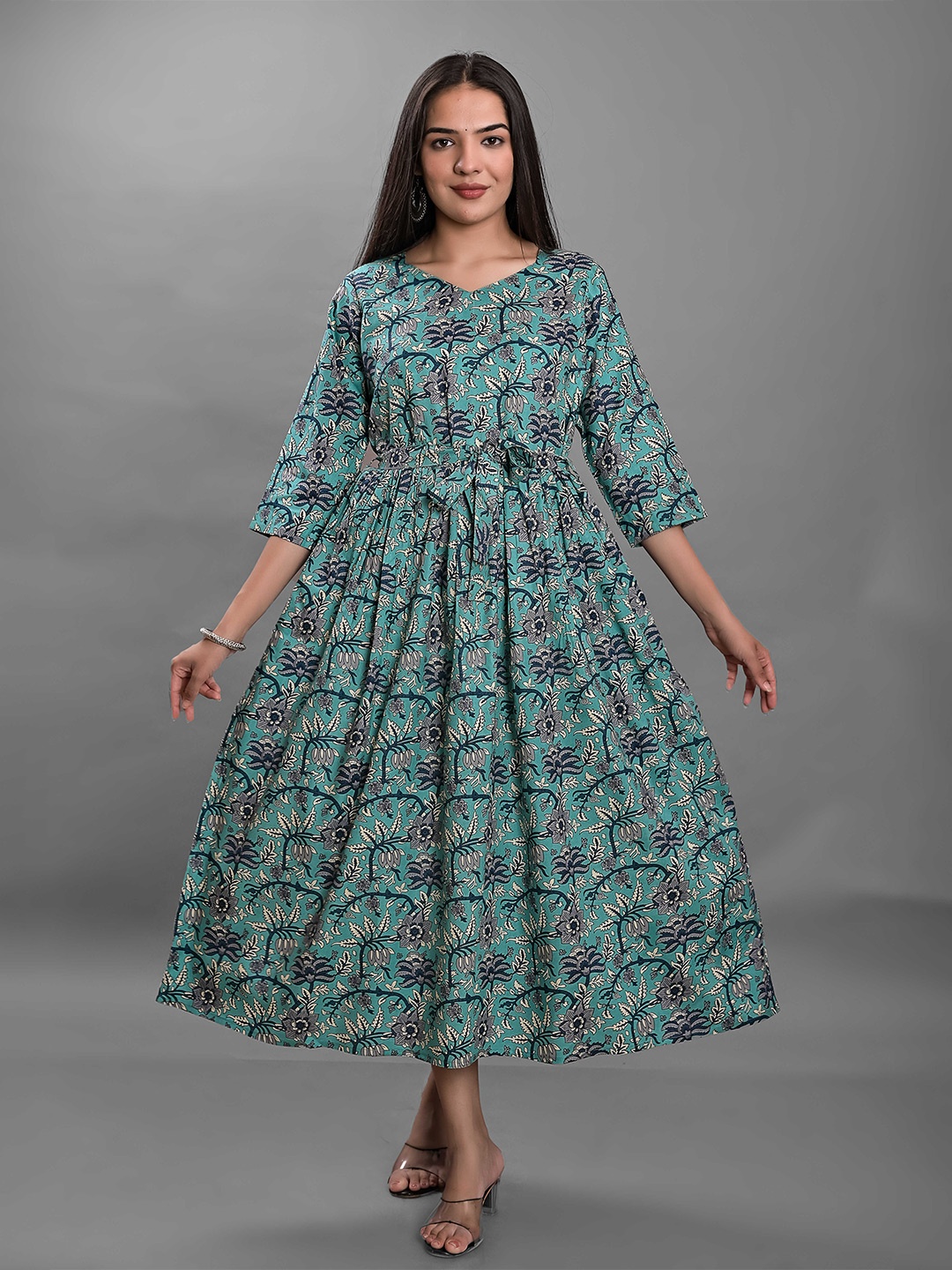 

KALINI Floral Printed Fit &Flare Midi Ethnic Dress, Sea green