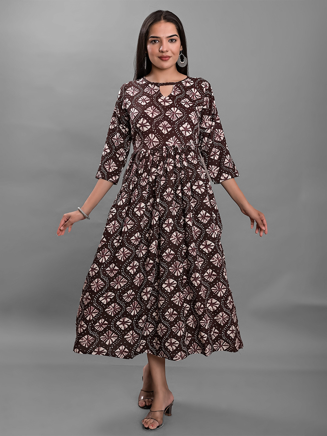 

KALINI Ethnic Motifs Printed Keyhole Neck Fit & Flare Midi Ethnic Dress, Brown