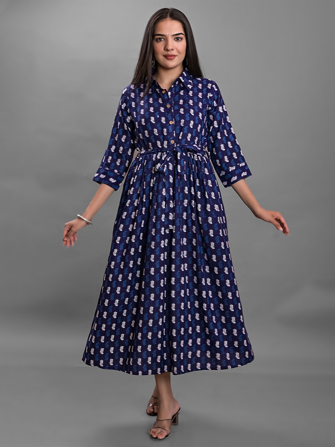 

KALINI Conversational Printed Shirt Collar Cuffed Sleeves Fit & Flare Midi Ethnic Dress, Navy blue