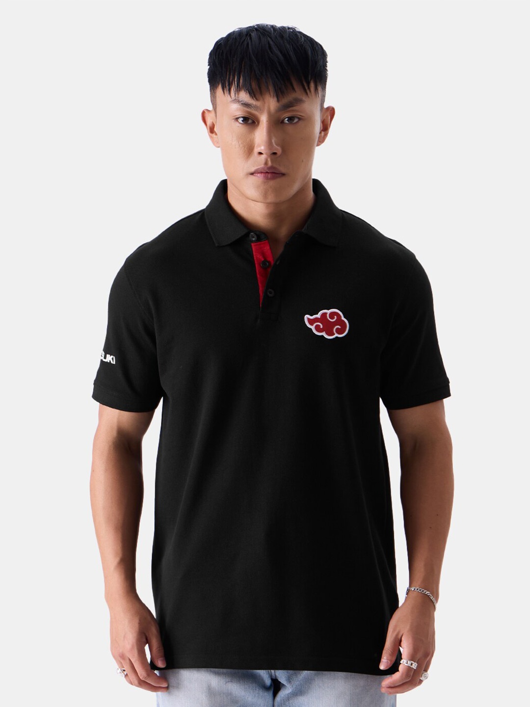 

The Souled Store Polo Collar Cotton T-shirt With Naruto Applique Work, Black