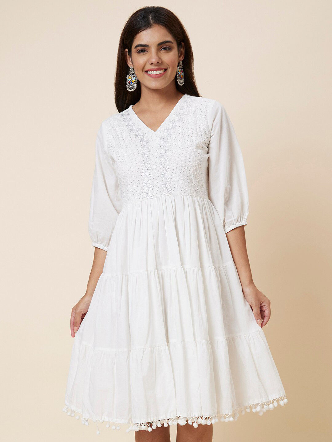 

Globus White V-Neck Embroidered Tiered Pure Cotton Fit & Flare Dress