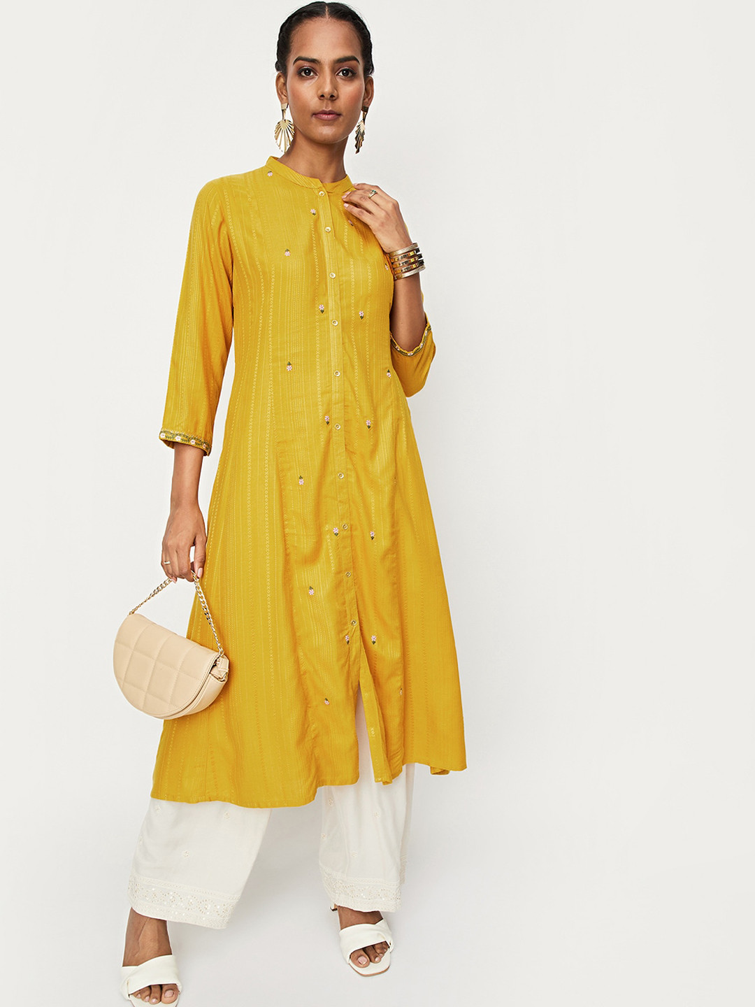 

max Thread Work A-Line Kurta, Yellow