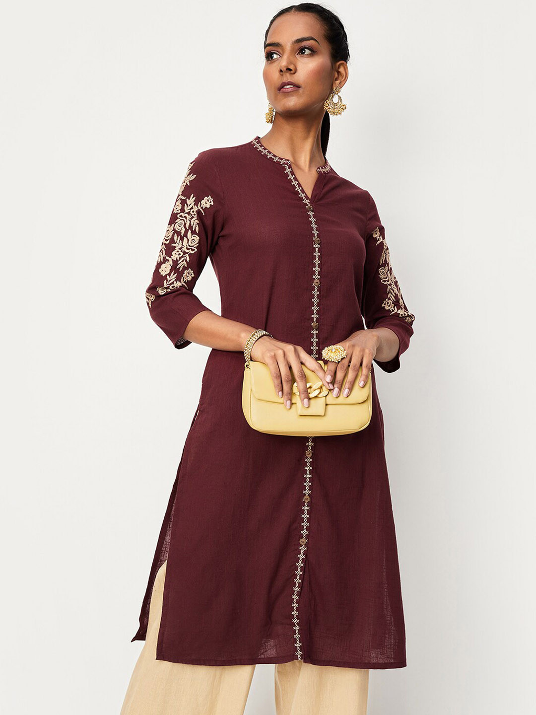 

max Thread Work Mandarin Collar Straight Cotton Kurta, Brown