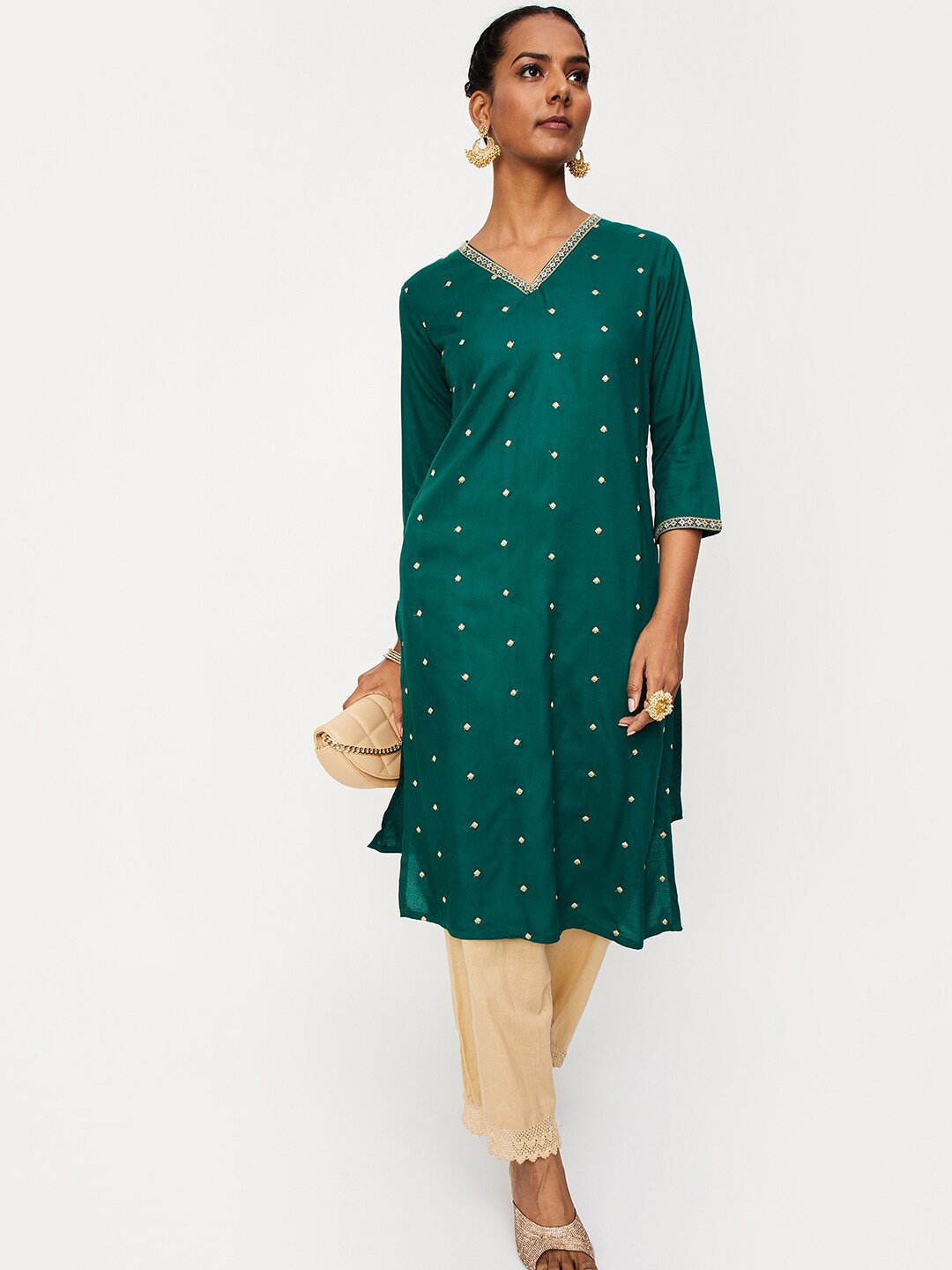 

max Geometric Embroidered Straight Kurta, Green