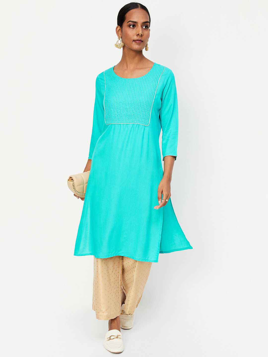 

max Round Neck Three- Quarter Sleeves Yoke Design Kurta, Blue