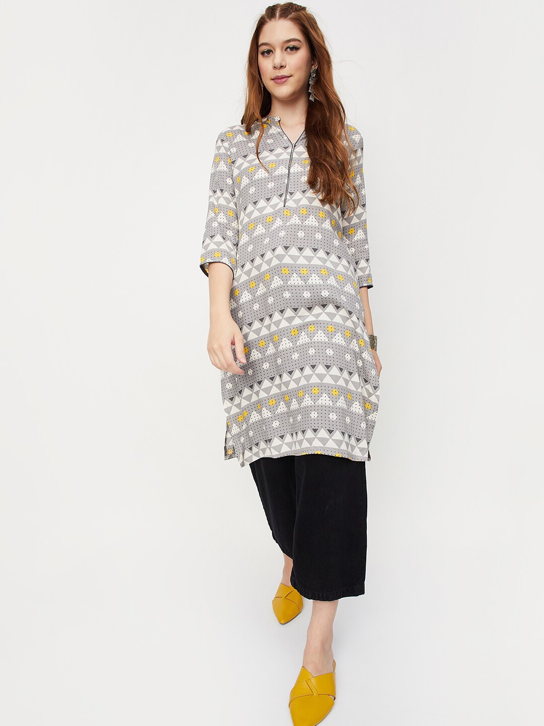 

max Geometric Printed Kurta, Grey