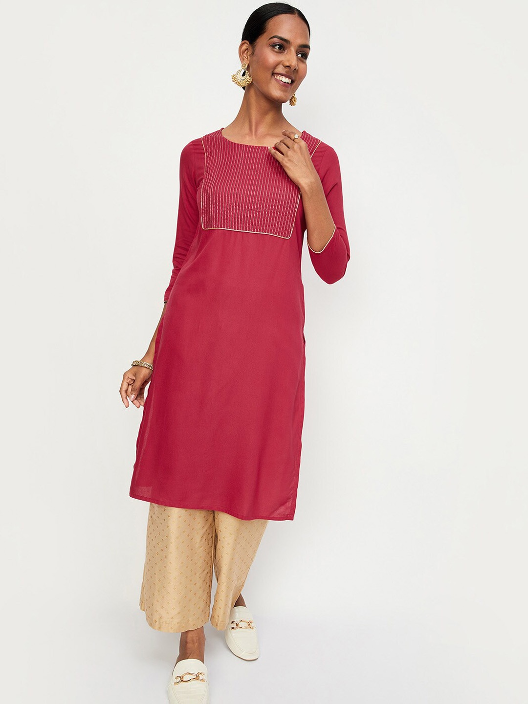 

max Round Neck Three-Quarter Sleeves Yoke Design Kurta, Pink