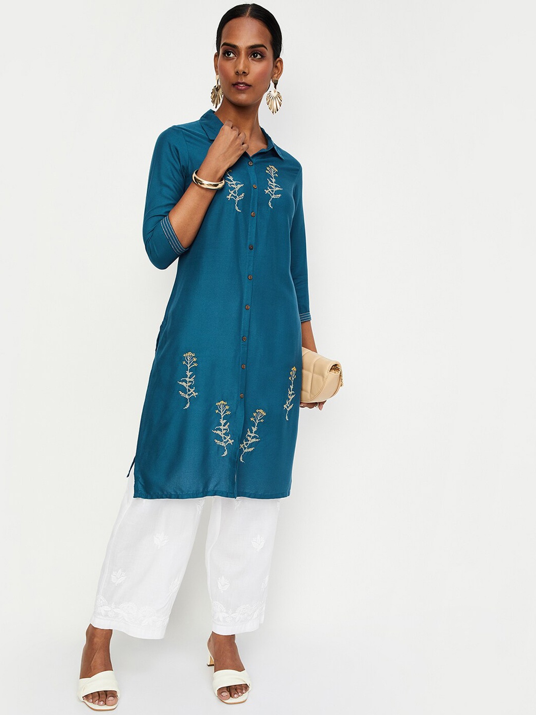 

max Floral Embroidered Shirt Collar Thread Work A-Line Kurta, Blue