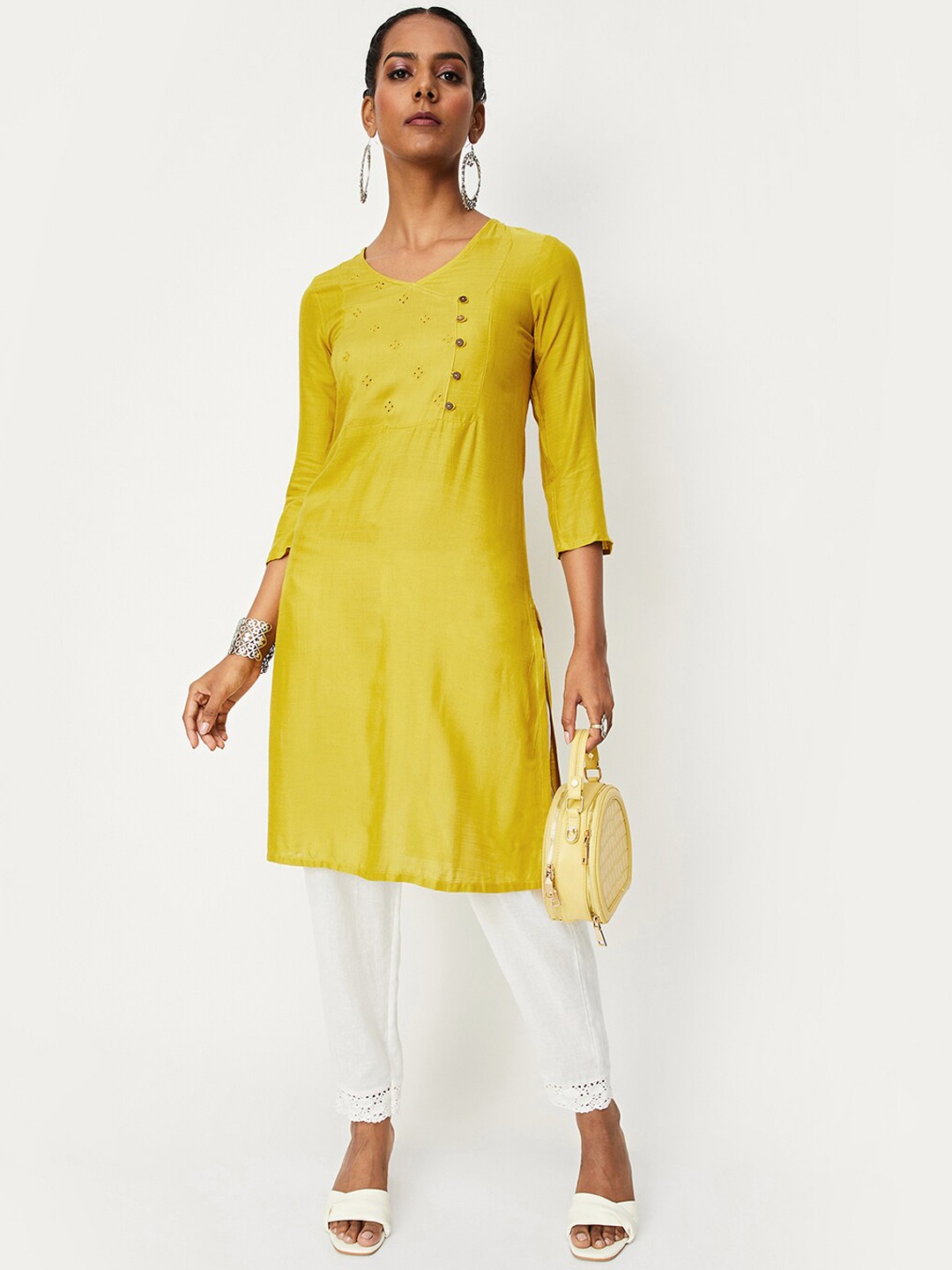 

max V-Neck Straight Kurta, Yellow