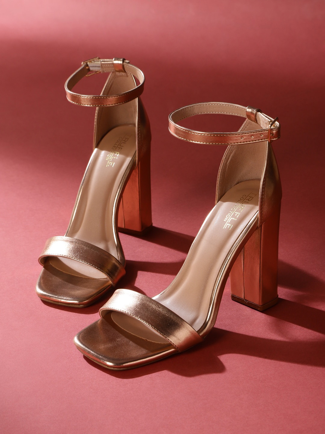 

Truffle Collection Open Toe Block Heels With Ankle Loop, Rose gold
