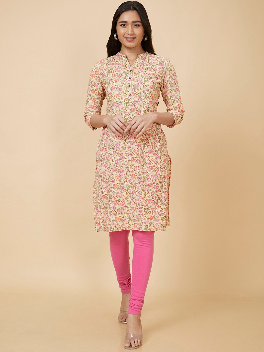 

Globus Yellow Floral Printed Band Collar Pure Cotton Kurta