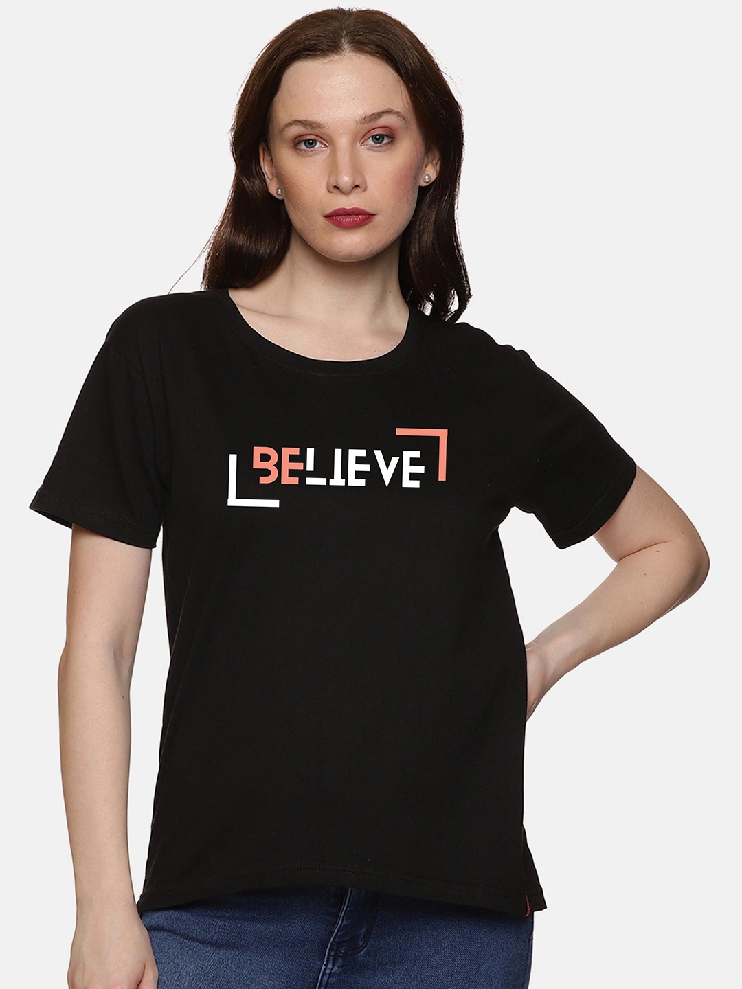 

NOT YET by us Typography Printed Cotton T-shirt, Black