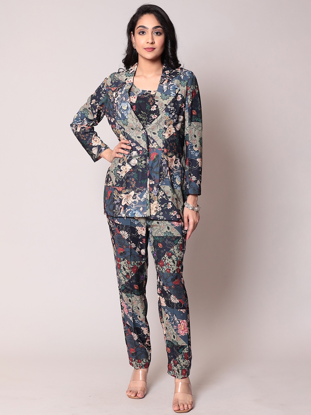 

ZARI Floral Printed Cotton Blazer With Trousers, Grey