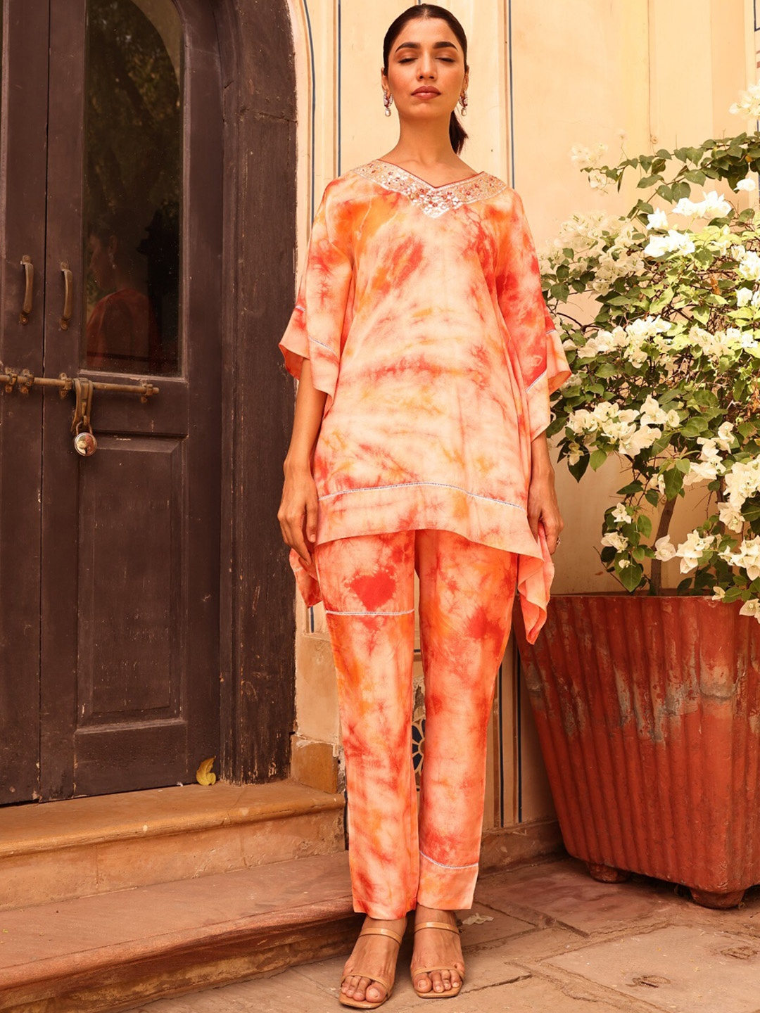 

ZARI Tie And Dyed Kaftan Tunic With Trouser, Orange