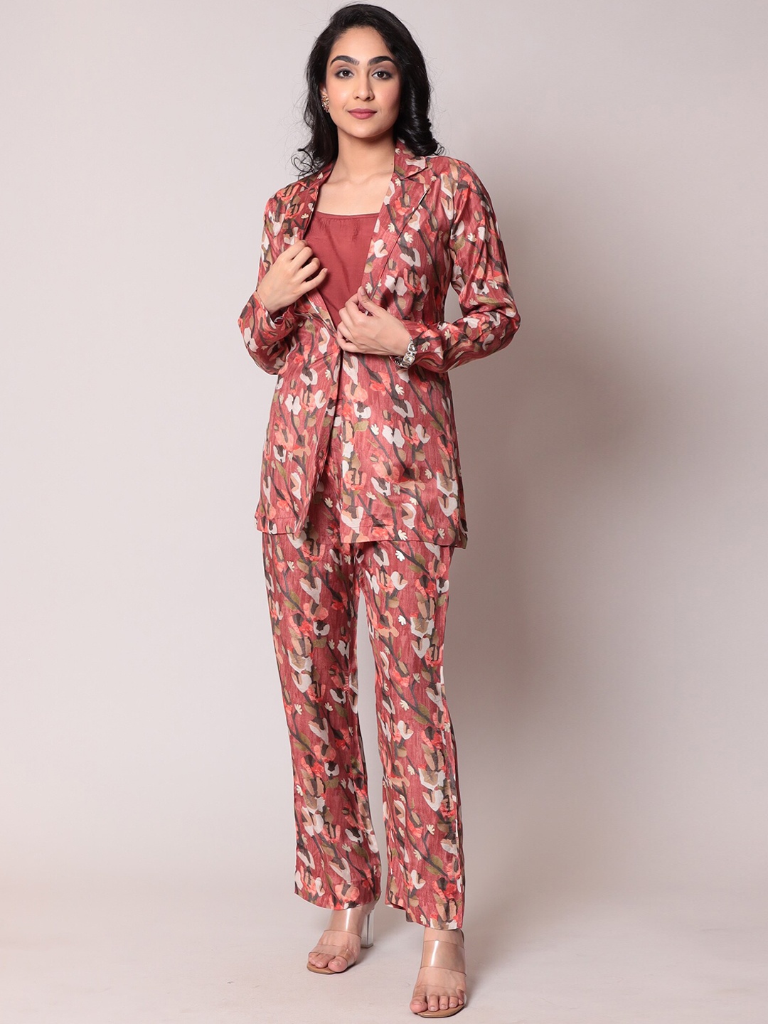 

ZARI Floral Printed Pure Cotton Blazer With Trouser, Brown