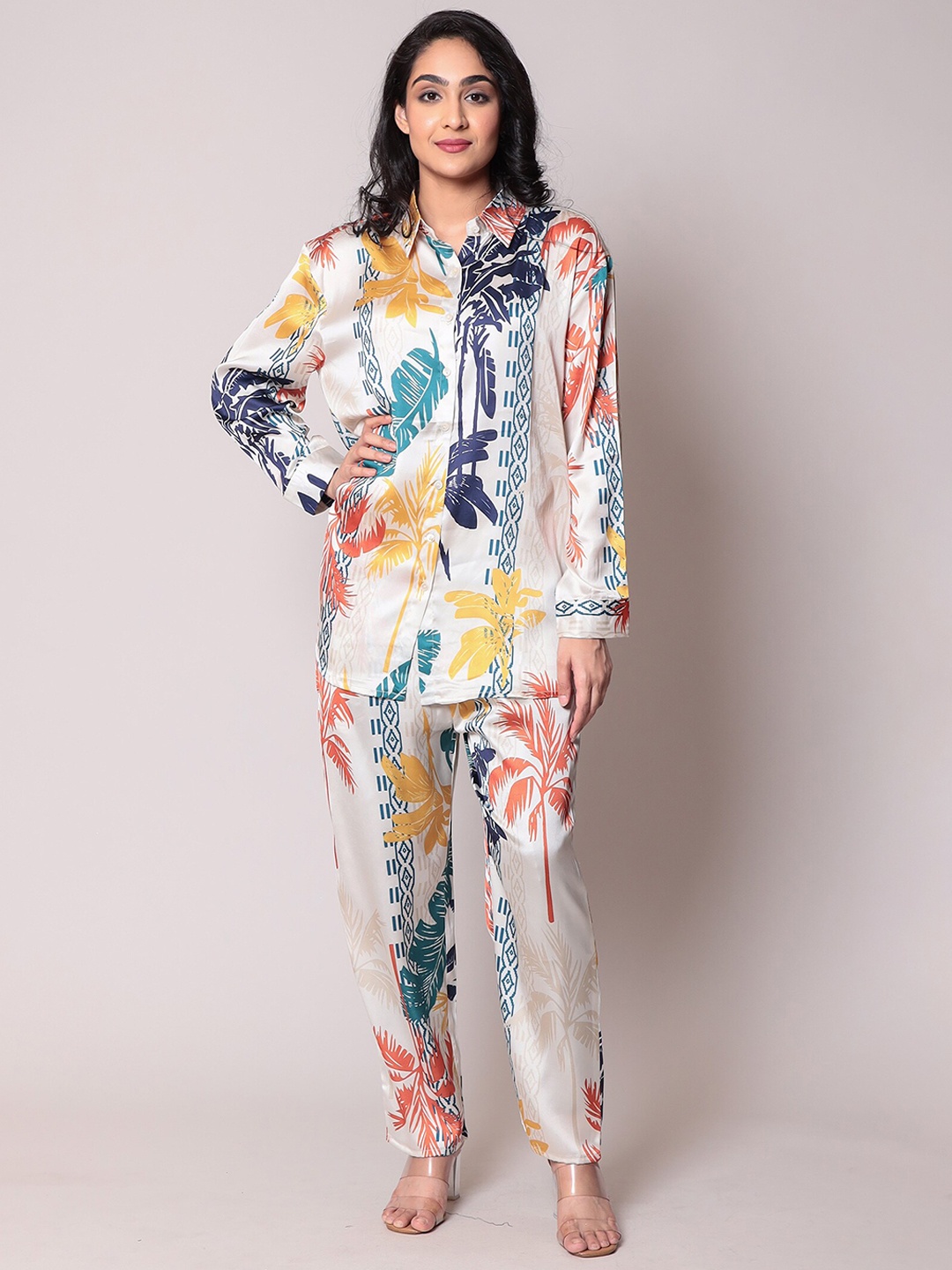 

ZARI Printed Shirt With Trouser Co-Ords, Cream