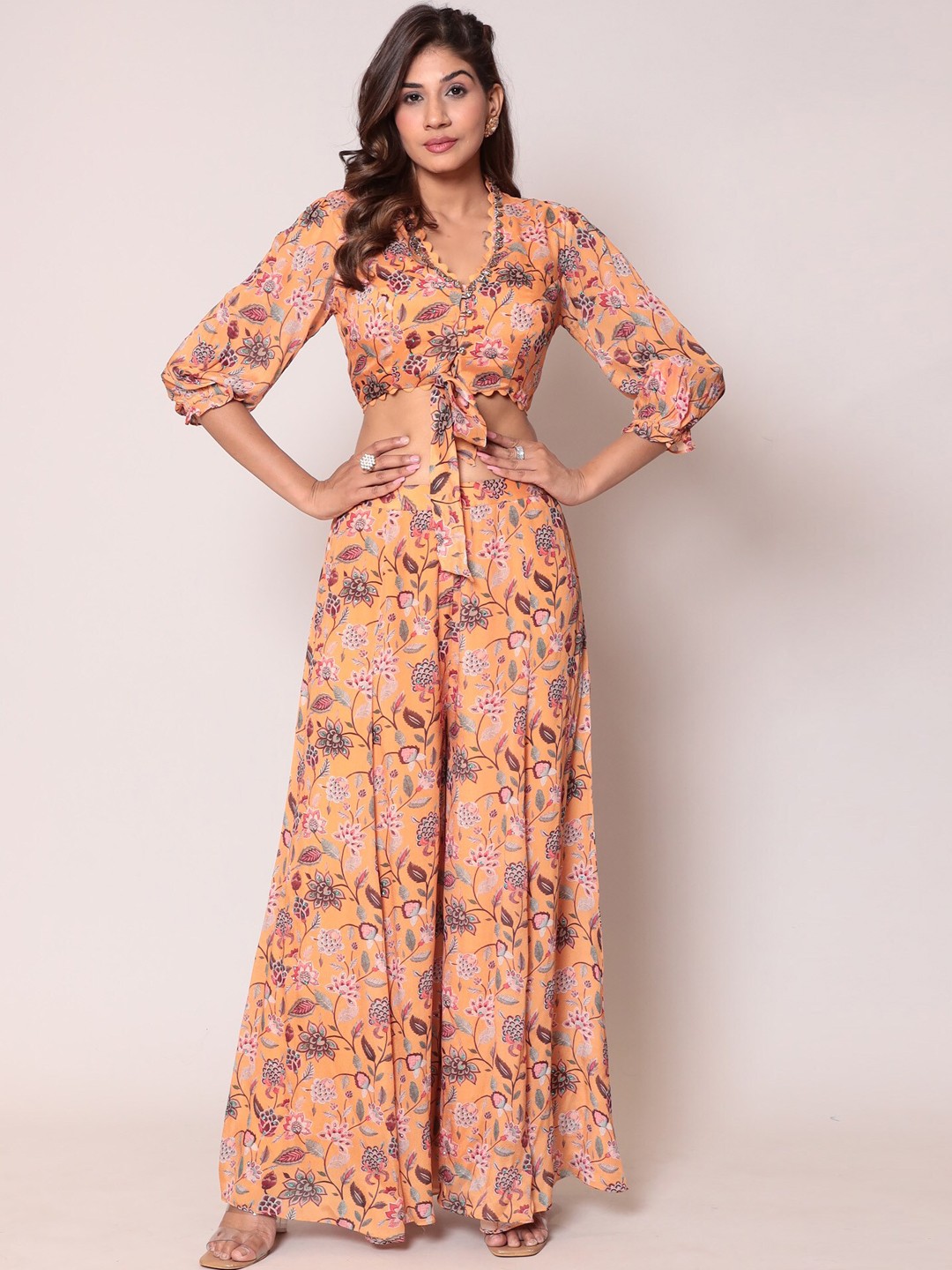 

ZARI Floral Printed Crop Top With Palazzo, Mustard
