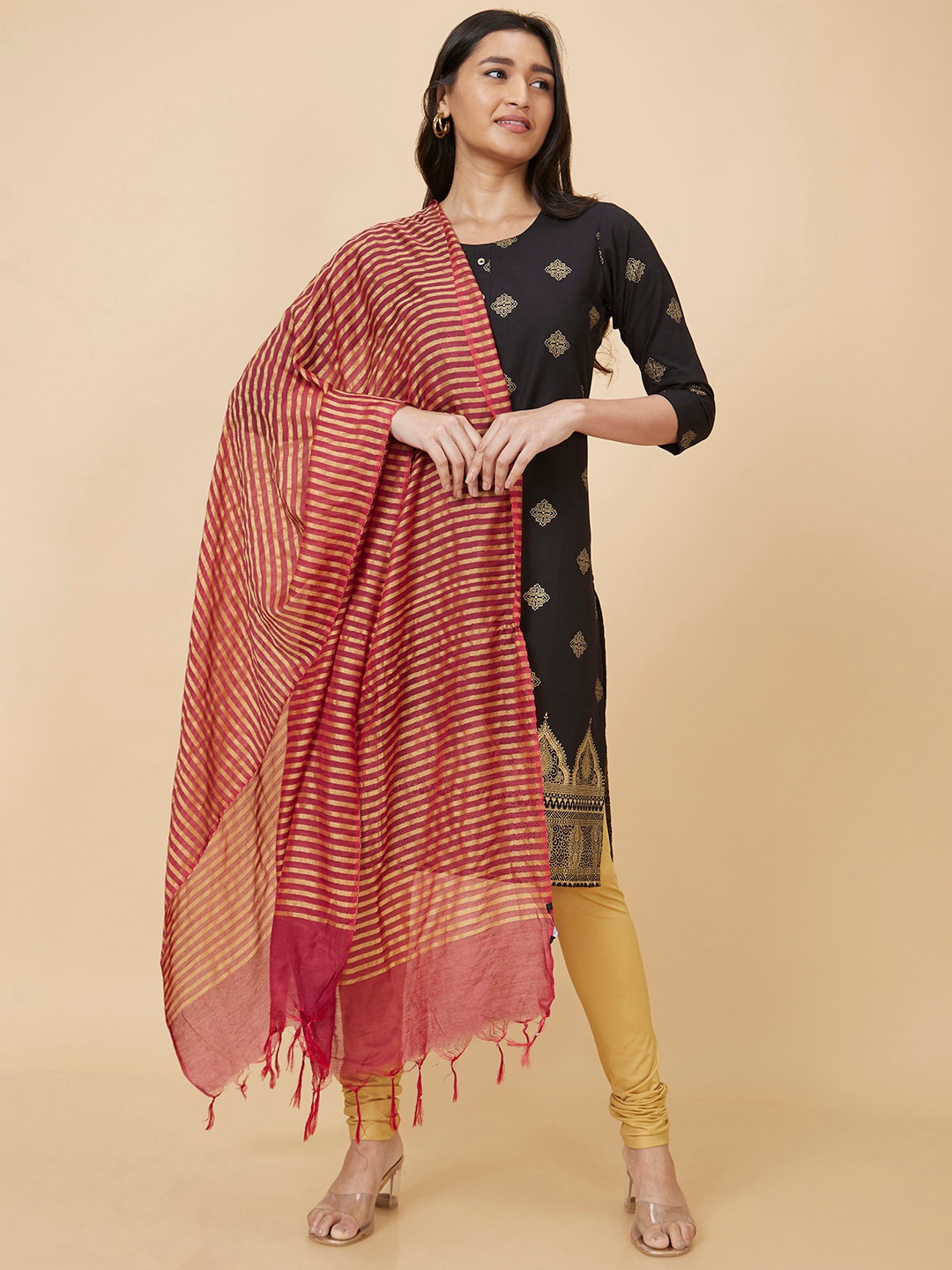 

Globus Gold-Toned Striped Woven Design Dupatta With Zari