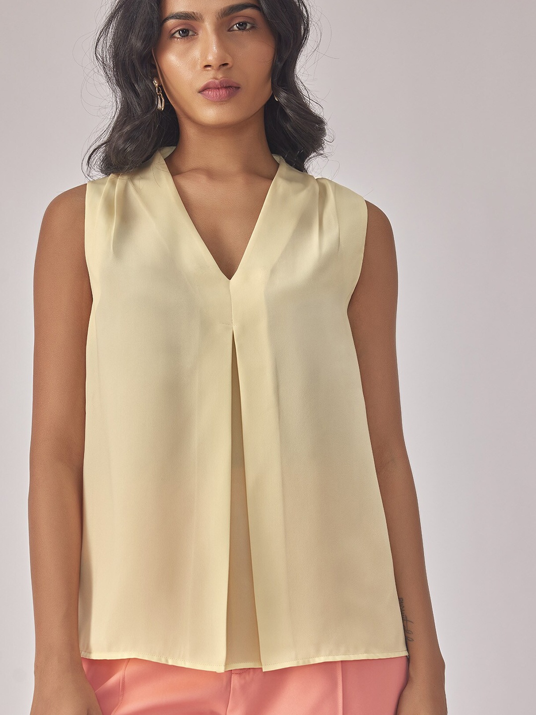 

The Label Life V-Neck Butterscotch Inverted Pleat Satin Top, Yellow