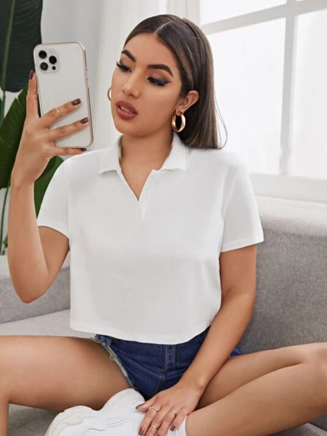 

Styched Cotton Shirt Collar Crop Top, White
