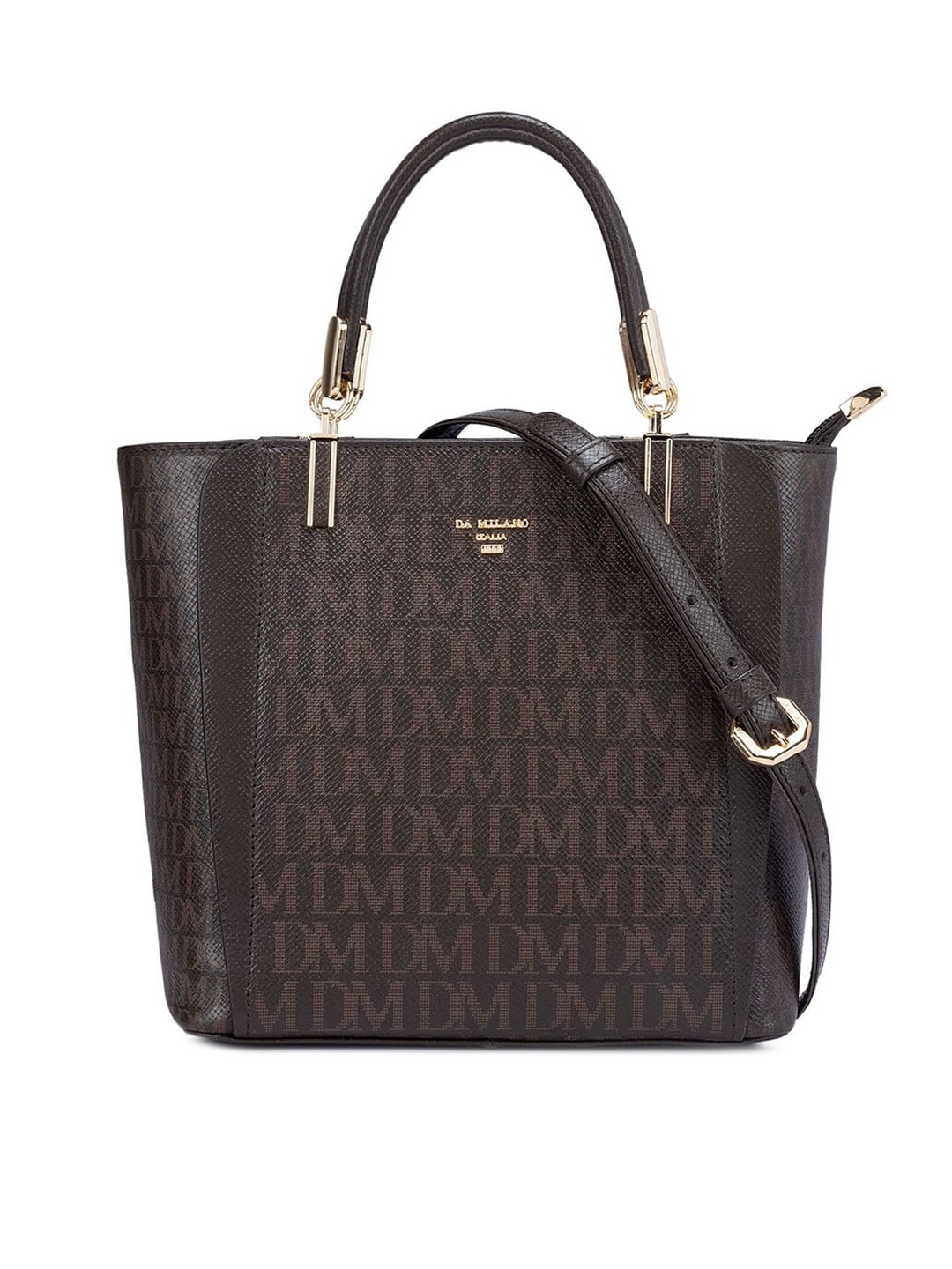 

Da Milano Typography Printed Leather Oversized Sructured Handheld Bag, Coffee brown