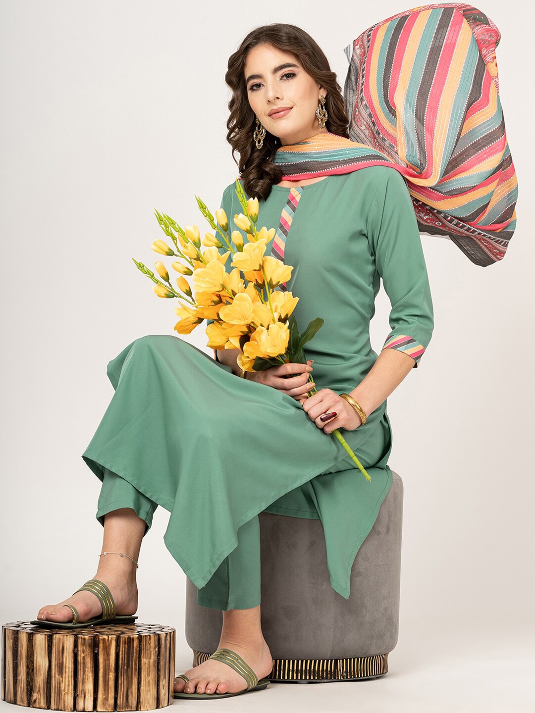 

HERE&NOW Green Straight Kurta with Trousers & Dupatta