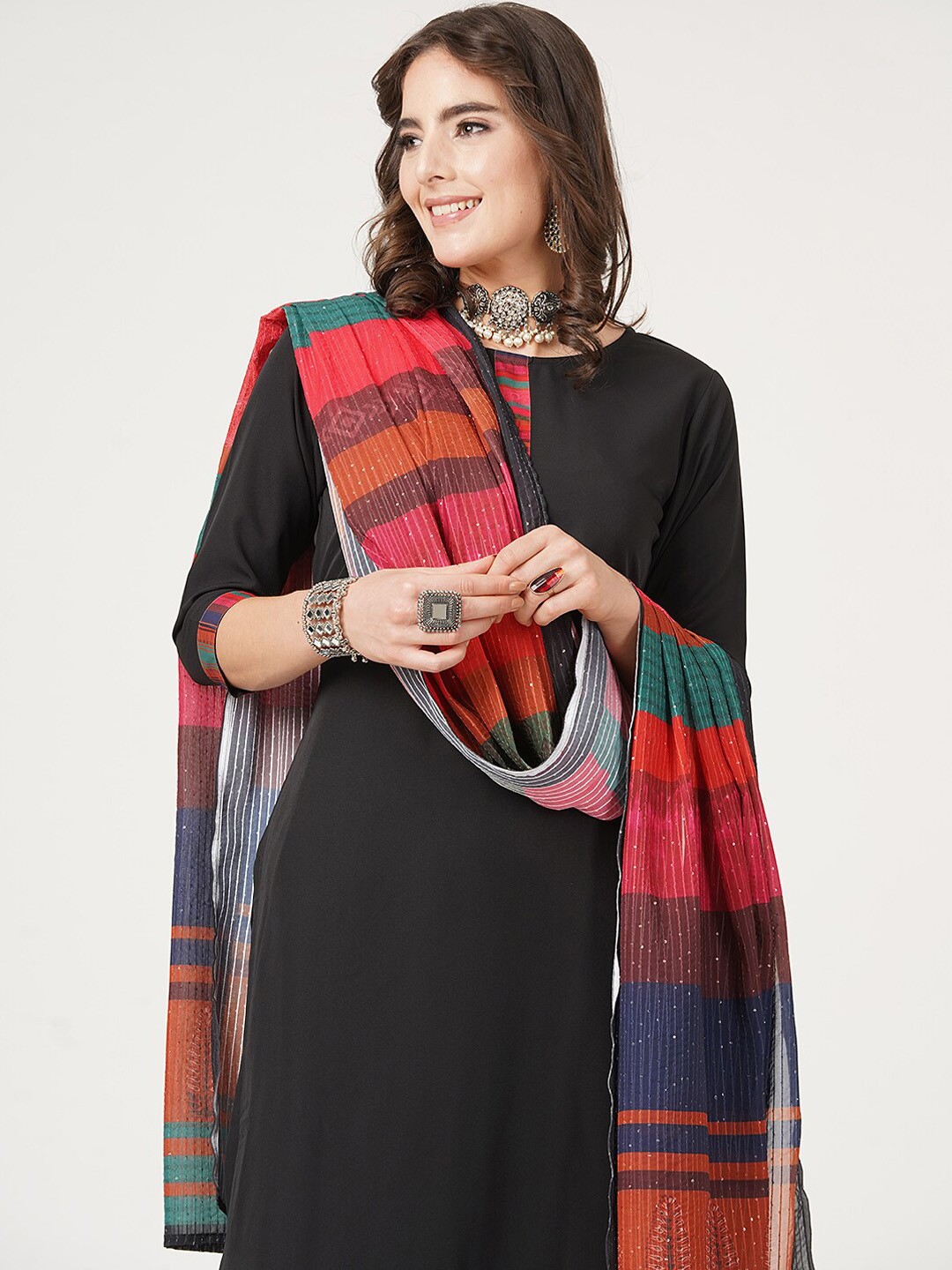 

HERE&NOW Black And Red Straight Kurta with Trousers & With Dupatta