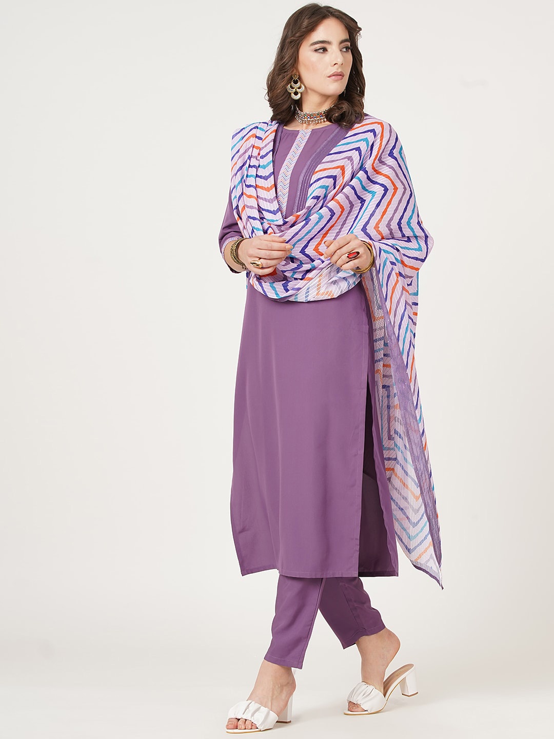 

HERE&NOW Straight Kurta with Trousers & Dupatta, Lavender