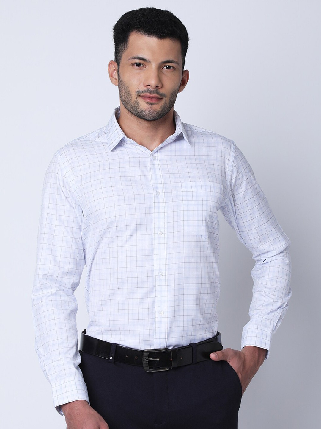 

Oxemberg Classic Slim Fit Grid Tattersall Checks Opaque Cotton Formal Shirt, Blue