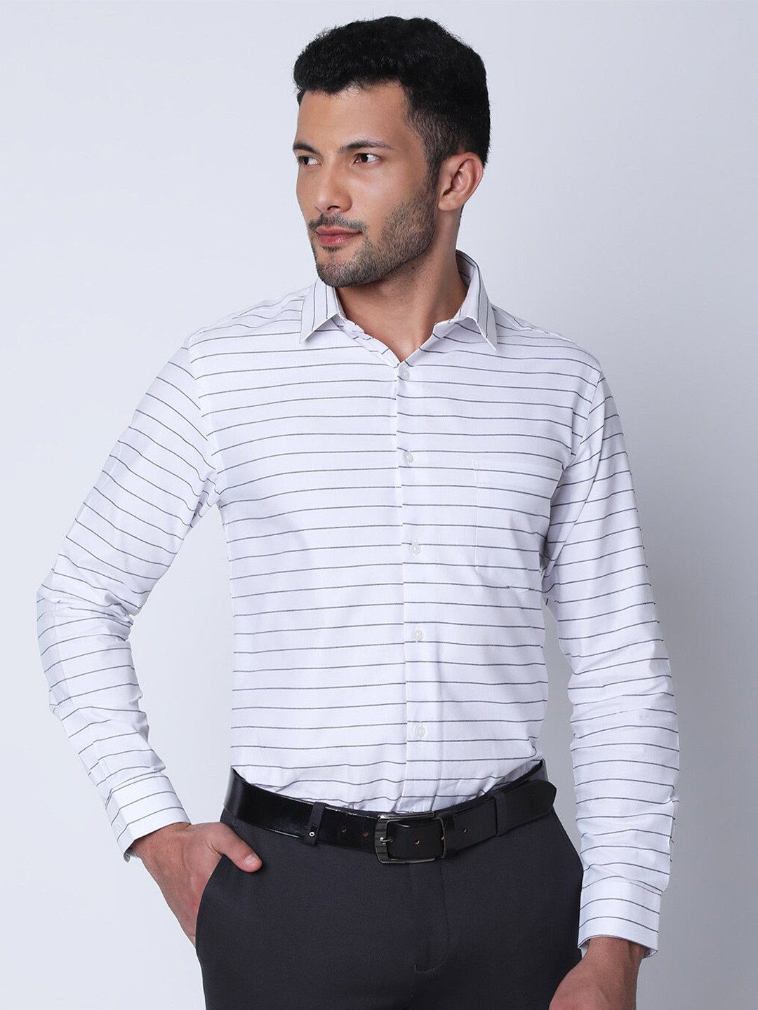 

Oxemberg Classic Slim Fit Horizontal Stripes Opaque Cotton Formal Shirt, White