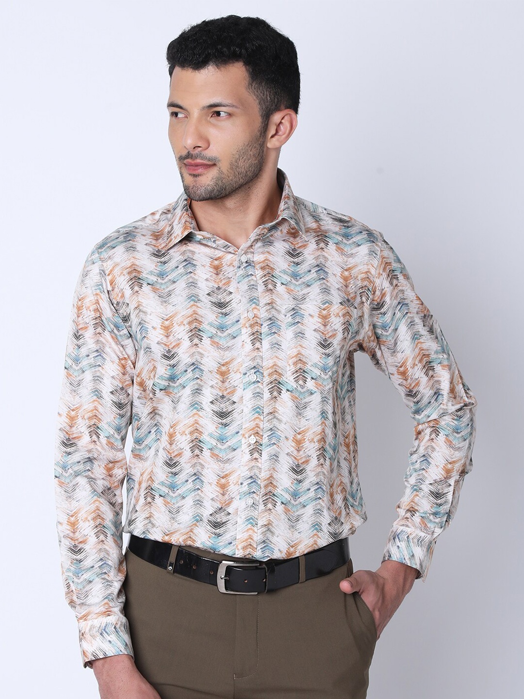 

Oxemberg Classic Slim Fit Opaque Printed Cotton Formal Shirt, Beige