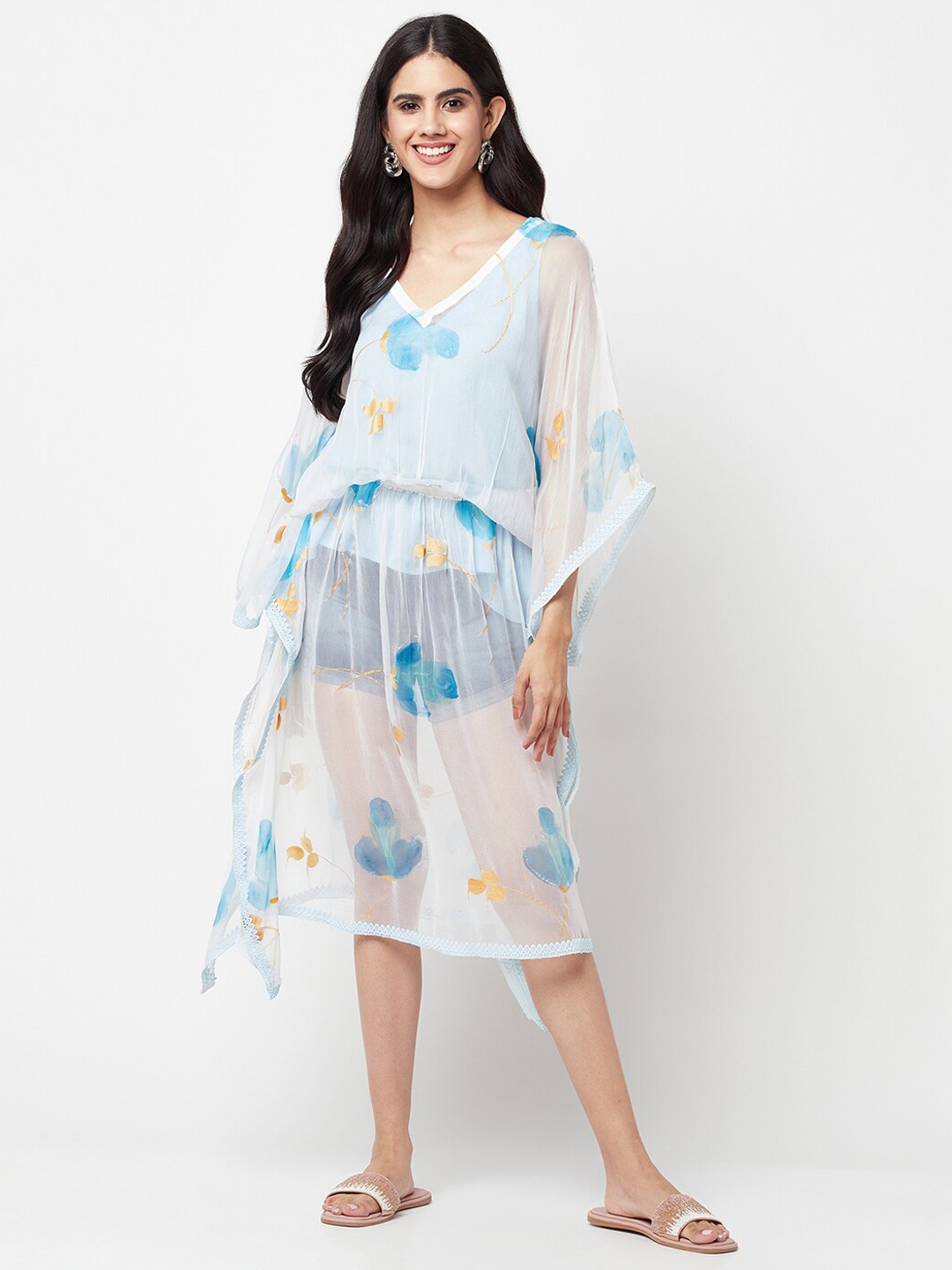 

La Vastraa Floral-Printed Chiffon Cover Up Dress, White