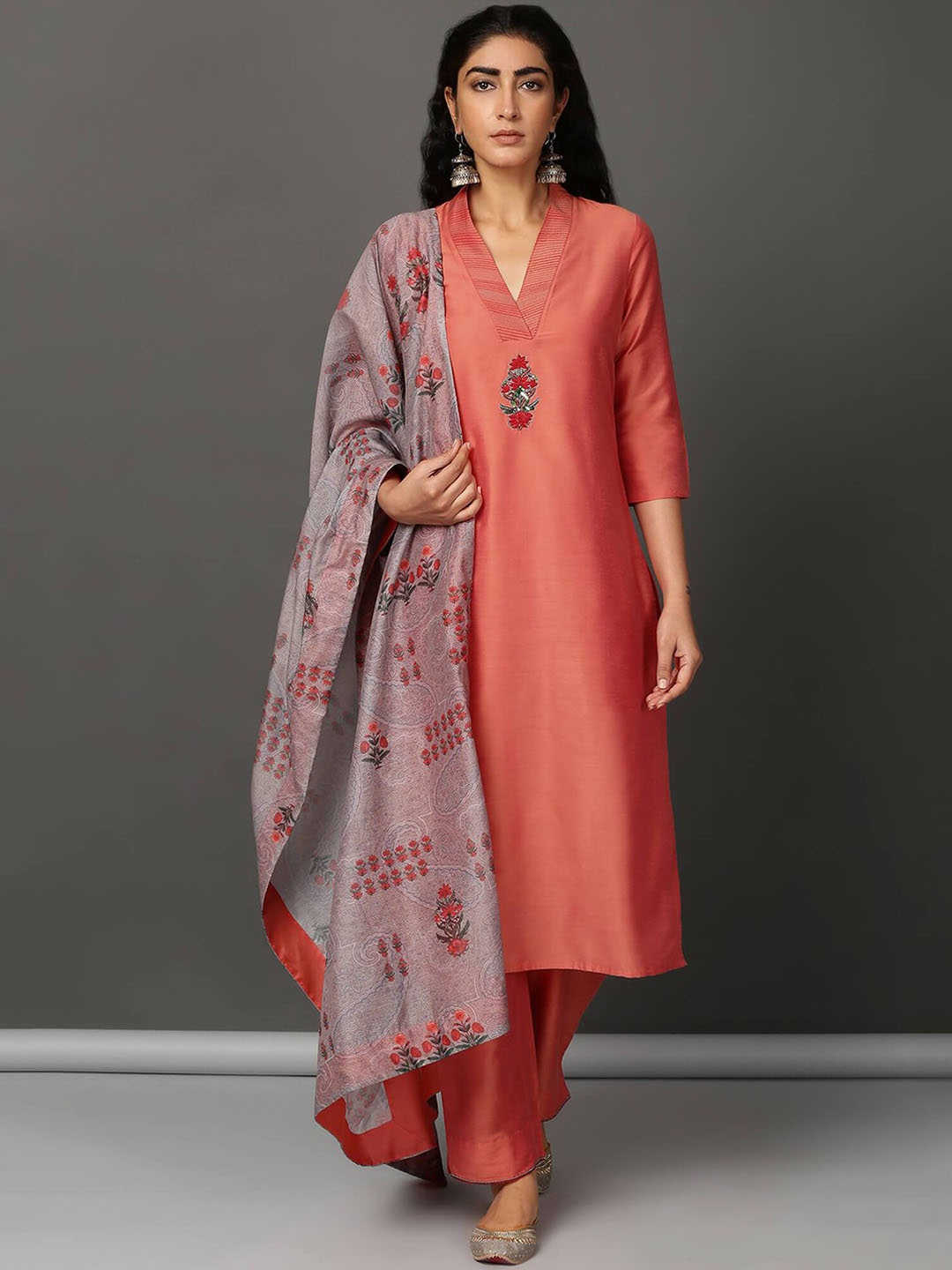 

NUHH Embroidered V-Neck Kurta with Trousers & With Dupatta, Peach