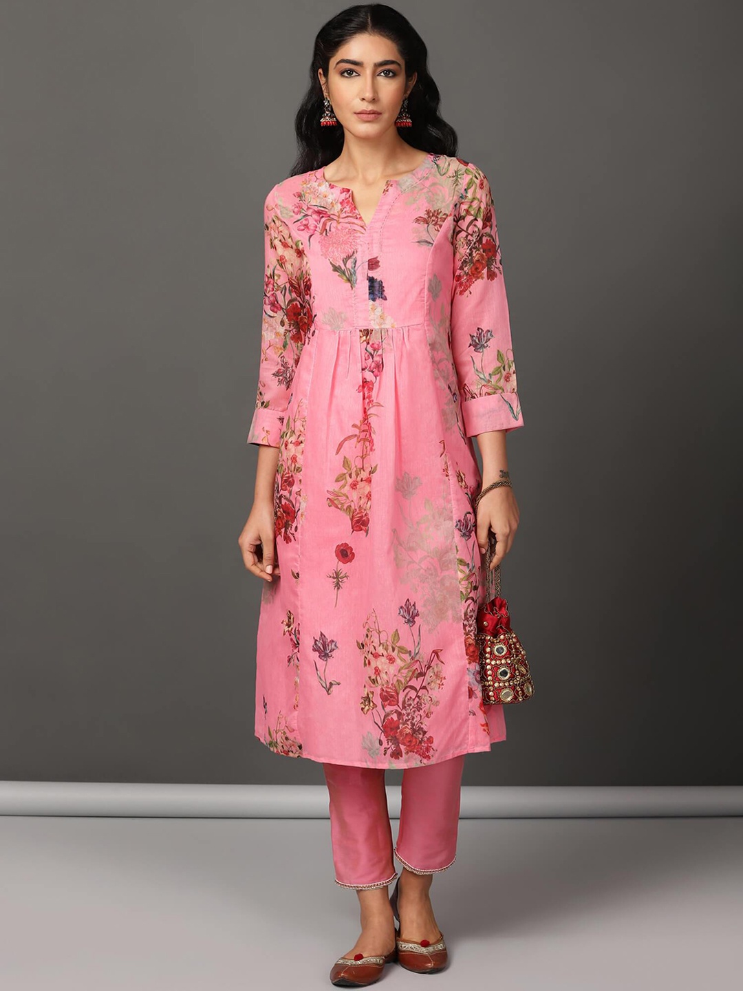 

NUHH Pink Floral Printed Empire Kurta with Trousers