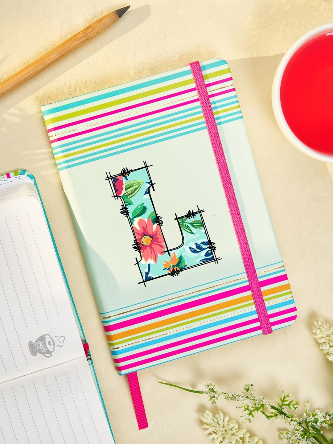 

Doodle Initial L Striped Printed Hard Bound B6 Notebook Diary, Sea green