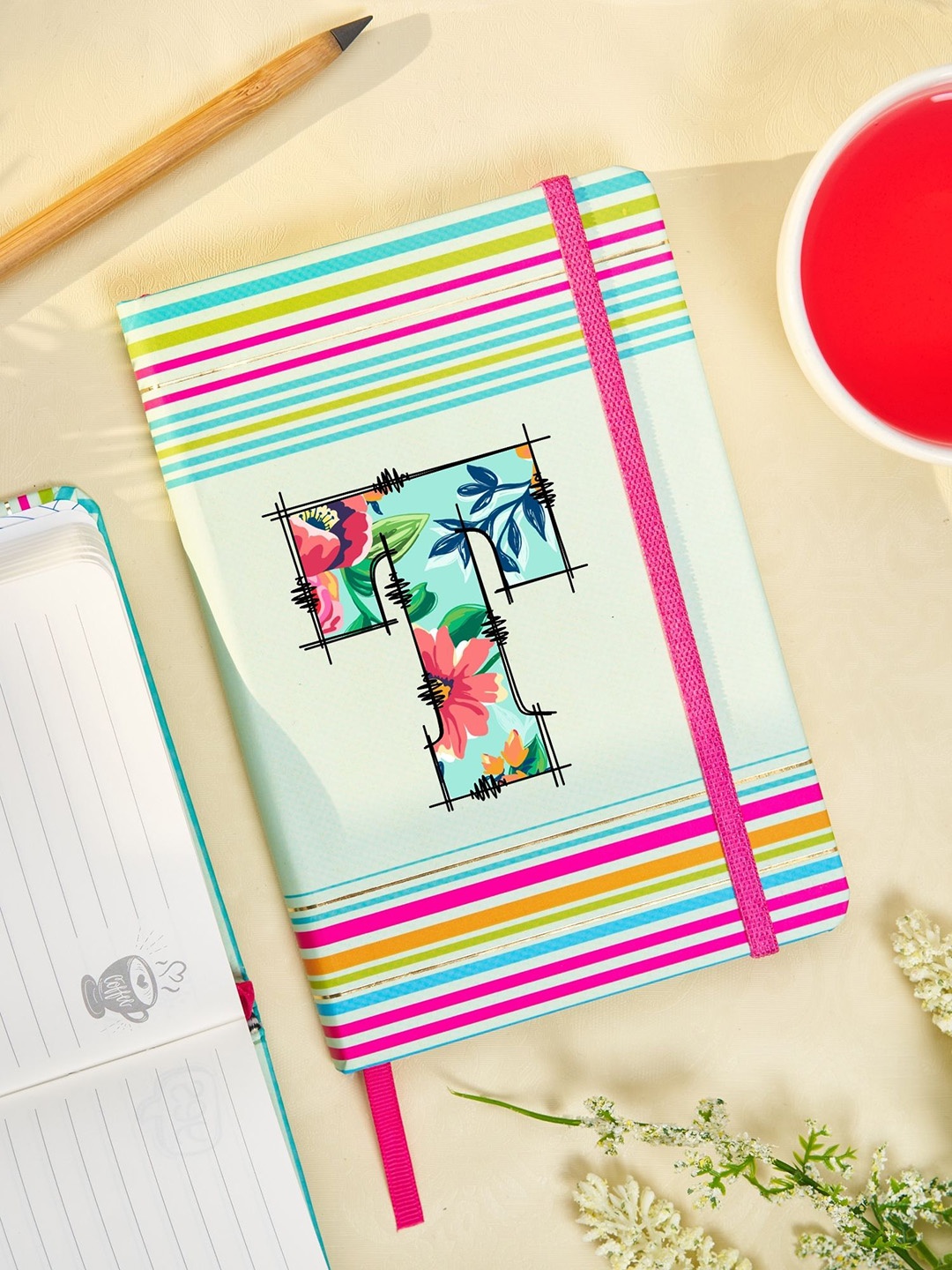 

Doodle Initial T Printed Hard Bound B6 Notebook Diary, Sea green