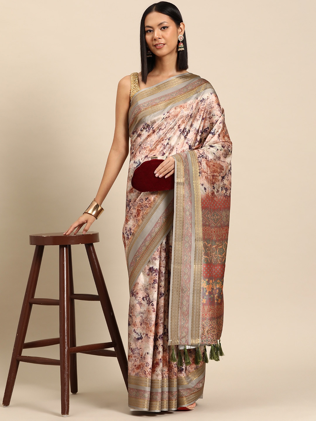 

Silk Land Floral Zari Silk Blend Banarasi Saree, Beige