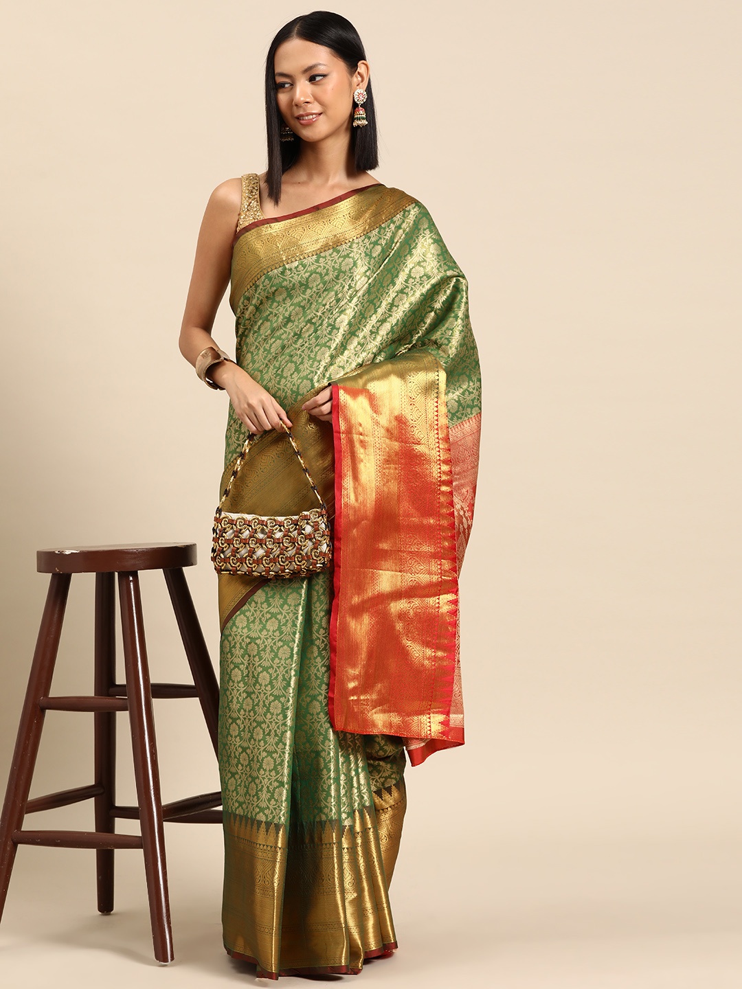 

Silk Land Ethnic Motifs Zari Brocade Banarasi Saree, Green
