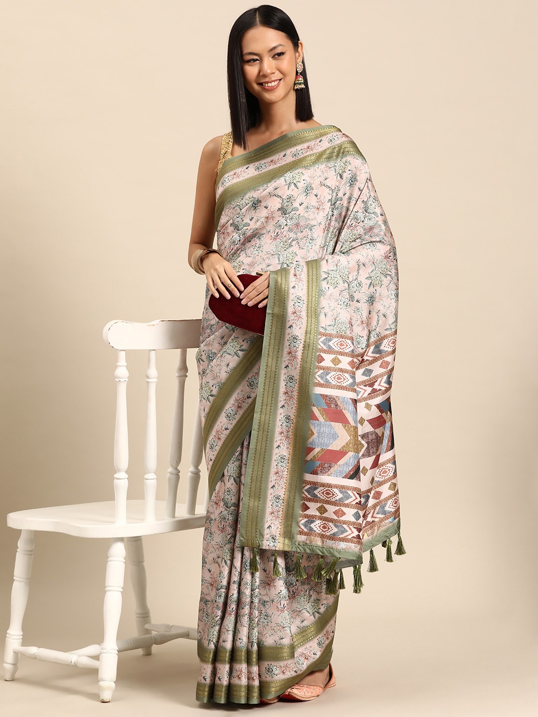 

Silk Land Floral Zari Silk Blend Banarasi Saree, Pink