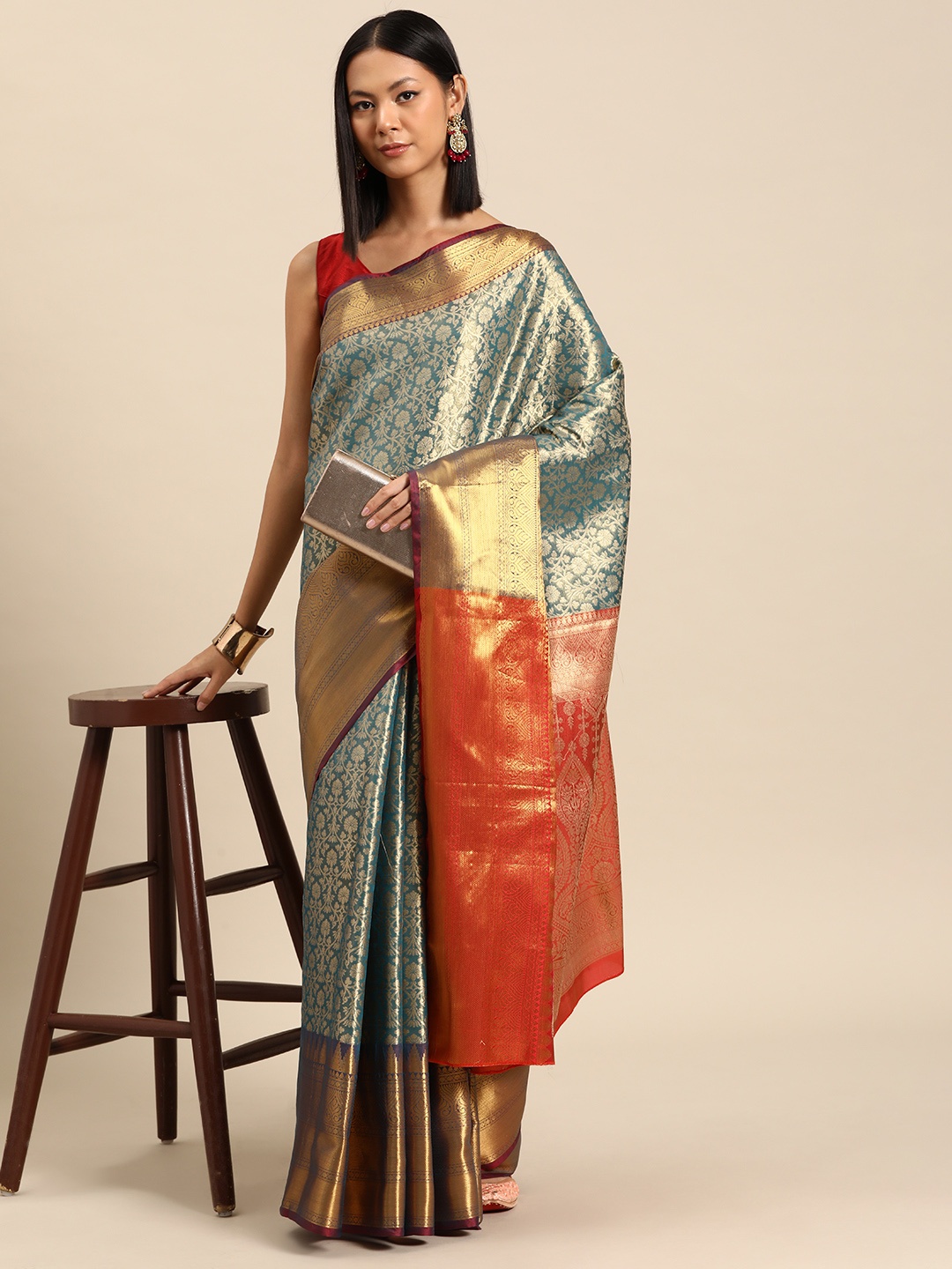 

Silk Land Ethnic Motifs Zari Brocade Banarasi Saree, Teal